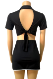 Rose Red Street Solid Backless Slit With Bow Contrast POLO collar Short Sleeve Two Pieces