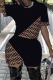 Black Street Print Patchwork O Neck Short Sleeve Two Pieces
