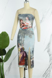 Colour Casual Print Backless Strapless Sleeveless Two Pieces