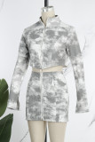 Apricot Casual Tie Dye Patchwork Zipper Collar Long Sleeve Two Pieces