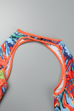 Multicolor Sexy Print Hollowed Out Patchwork Swimsuit Three Piece Set (Without Paddings)