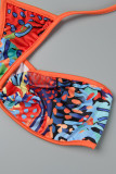 Multicolor Sexy Print Hollowed Out Patchwork Swimsuit Three Piece Set (Without Paddings)