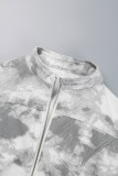 Apricot Casual Tie Dye Patchwork Zipper Collar Long Sleeve Two Pieces