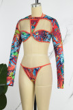 Multicolor Sexy Print Hollowed Out Patchwork Swimsuit Three Piece Set (Without Paddings)
