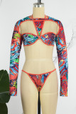 Multicolor Sexy Print Hollowed Out Patchwork Swimsuit Three Piece Set (Without Paddings)