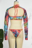 Multicolor Sexy Print Hollowed Out Patchwork Swimsuit Three Piece Set (Without Paddings)