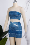 Blue Street Print Patchwork Backless Strapless Sleeveless Two Pieces