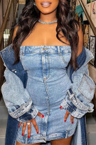 Blue Sexy Solid Patchwork Buttons Backless Strapless Sleeveless High Waist Skinny Denim Dresses(Without Outerwear )