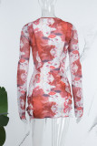 Red Sexy Print Flounce Slit Strap Design Mesh V Neck One Step Skirt Dresses