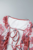 Red Sexy Print Flounce Slit Strap Design Mesh V Neck One Step Skirt Dresses