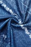 Blue Street Print Patchwork Backless Strapless Sleeveless Two Pieces