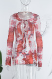Red Sexy Print Flounce Slit Strap Design Mesh V Neck One Step Skirt Dresses