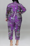 Purple Casual Print Patchwork Buckle Turndown Collar Plus Size Jumpsuits