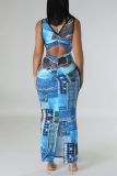 Blue Casual Print Hollowed Out Patchwork Slit U Neck Wrapped Skirt Dresses