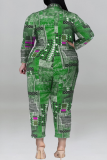 Green Casual Print Patchwork Buckle Turndown Collar Plus Size Jumpsuits