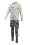 White Casual Print Patchwork O Neck Long Sleeve Two Pieces