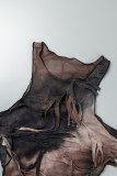 Brown Street Tie Dye Tassel Hollowed Out High Opening O Neck Irregular Dress Dresses