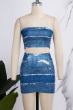 Blue Street Print Patchwork Backless Strapless Sleeveless Two Pieces