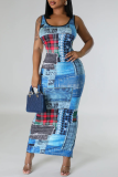 Blue Casual Print Hollowed Out Patchwork Slit U Neck Wrapped Skirt Dresses