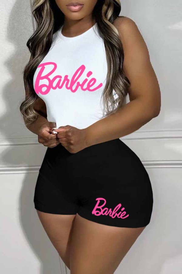 White Sexy Print Letter O Neck Sleeveless Two Pieces