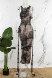 Brown Street Tie Dye Tassel Hollowed Out High Opening O Neck Irregular Dress Dresses