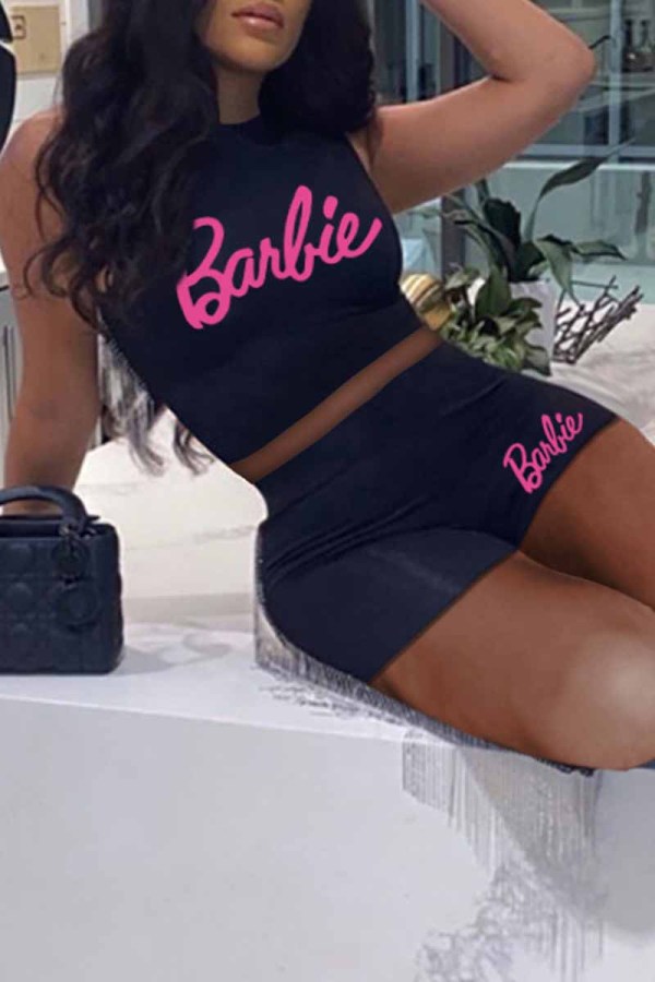 Black Sexy Print Letter O Neck Sleeveless Two Pieces