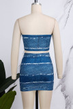 Blue Street Print Patchwork Backless Strapless Sleeveless Two Pieces