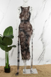 Brown Street Tie Dye Tassel Hollowed Out High Opening O Neck Irregular Dress Dresses