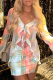 Light Green Sexy Print Flounce Slit Strap Design Mesh V Neck One Step Skirt Dresses