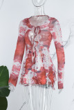 Red Sexy Print Flounce Slit Strap Design Mesh V Neck One Step Skirt Dresses