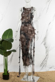 Brown Street Tie Dye Tassel Hollowed Out High Opening O Neck Irregular Dress Dresses