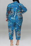 Peacock Blue Casual Print Patchwork Buckle Turndown Collar Plus Size Jumpsuits