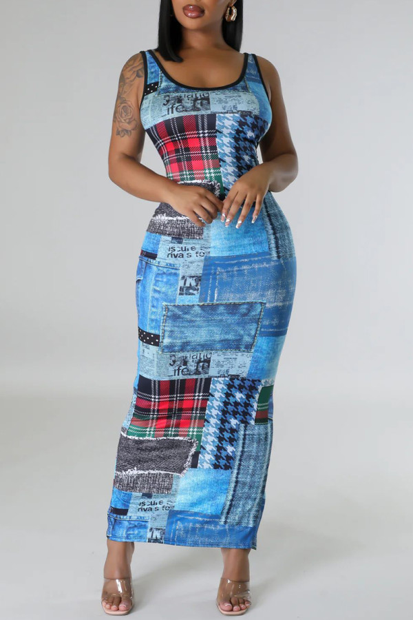 Blue Casual Print Hollowed Out Patchwork Slit U Neck Wrapped Skirt Dresses