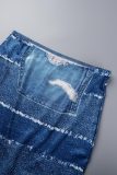 Blue Street Print Patchwork Backless Strapless Sleeveless Two Pieces