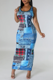Blue Casual Print Hollowed Out Patchwork Slit U Neck Wrapped Skirt Dresses