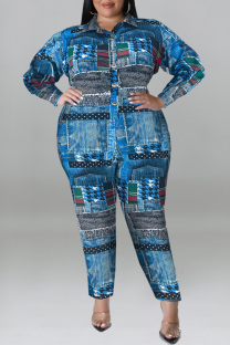 Peacock Blue Casual Print Patchwork Buckle Turndown Collar Plus Size Jumpsuits