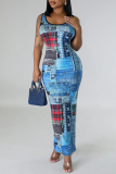 Blue Casual Print Hollowed Out Patchwork Slit U Neck Wrapped Skirt Dresses