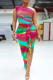 Colour Sexy Elegant Simplicity Mixed Printing Printing Contrast One Shoulder Sleeveless Dress Dresses