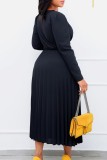 Grey Casual Solid Frenulum Pleated V Neck Long Sleeve Dresses