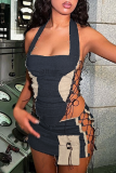 Blue Sexy Color Lump Pocket Cross Straps Contrast Halter Sleeveless Two Pieces
