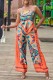 Orange Red Sexy Casual Print Frenulum Backless Strapless Sleeveless Two Pieces