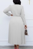 Pink Casual Solid Frenulum Pleated V Neck Long Sleeve Dresses