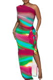Colour Sexy Elegant Simplicity Mixed Printing Printing Contrast One Shoulder Sleeveless Dress Dresses