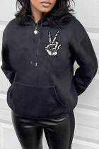 Black Casual Daily Print Skull Draw String Hooded Collar Tops