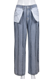 Baby Blue Street Solid Patchwork Pocket Regular Straight Solid Color Bottoms