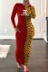 Red Street Print Leopard Patchwork Letter O Neck One Step Skirt Dresses