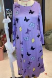 Light Purple Casual Living Butterfly Print Basic O Neck Long Sleeve Plus Size Nightdress
