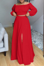 Red Casual Solid Slit Off the Shoulder Long Sleeve Two Pieces