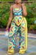 Yellow Sexy Casual Print Frenulum Backless Strapless Sleeveless Two Pieces