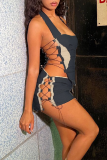 Blue Sexy Color Lump Pocket Cross Straps Contrast Halter Sleeveless Two Pieces